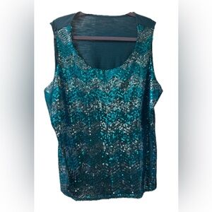 Coldwater Creek Sequin and Cotton Sleeveless Teal Chevron Patterned Tank